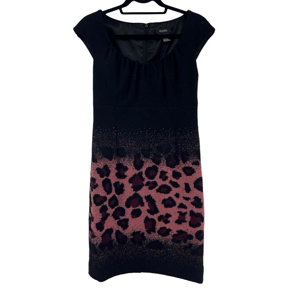 Eccoci Black Pink Leopard Print Sleeveless Wool Dress 6